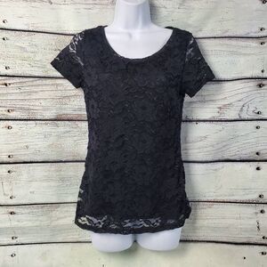 Banana Republic Black Lace Short Sleeve Top Size XS Floral Sheer Overlay Stretch